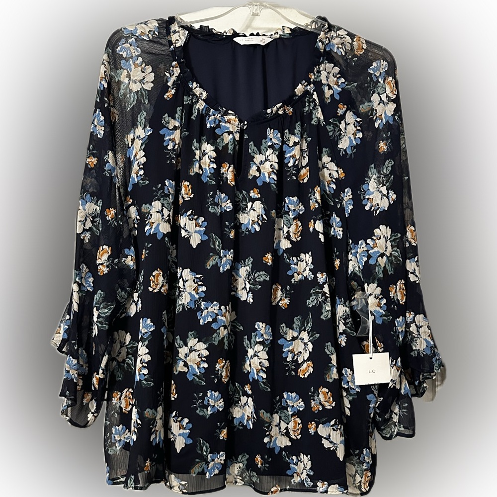 LC Lauren Conrad Blue and White Bell Sleeve Blouse